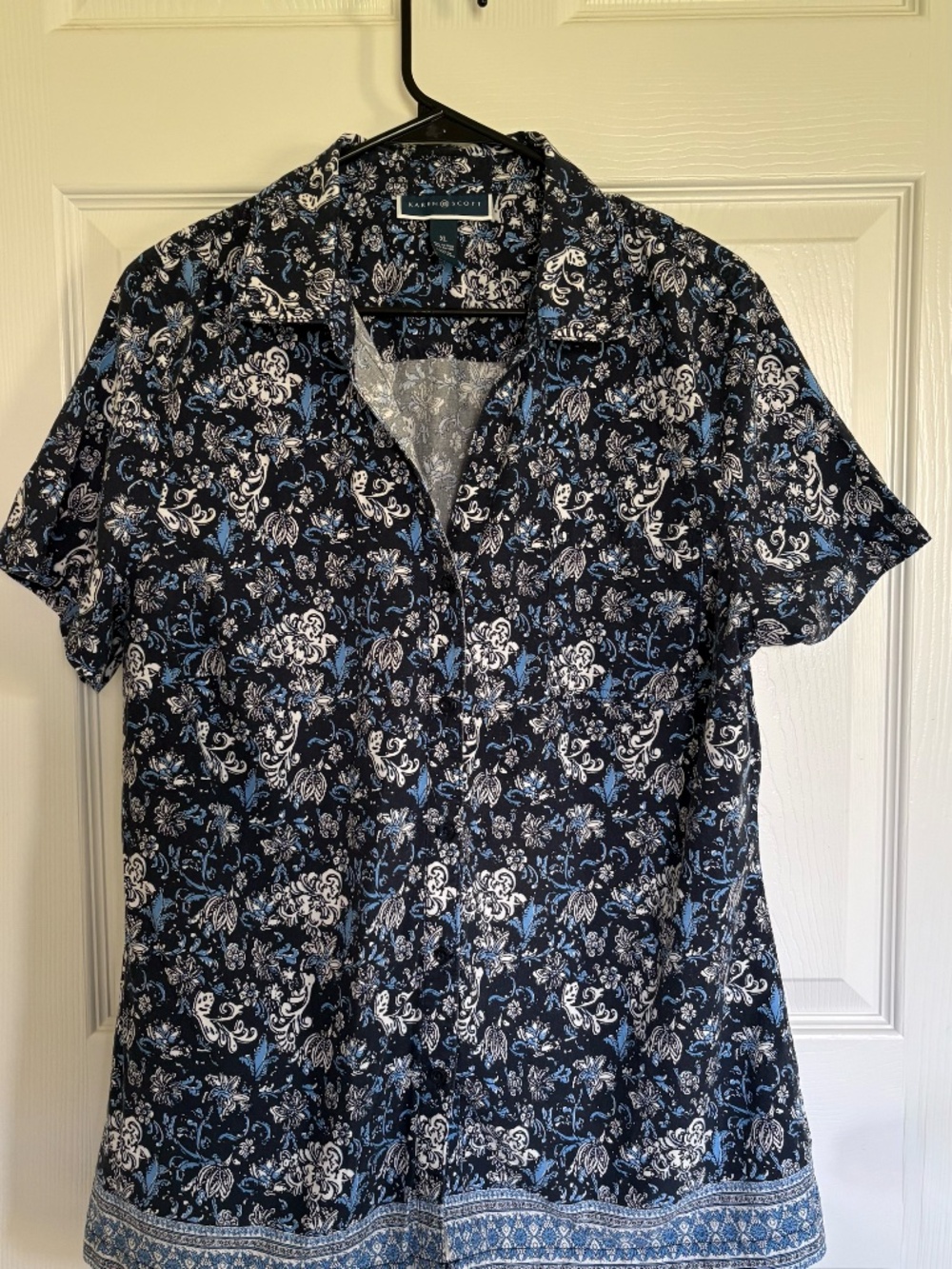 Karen Scott Womens XL Cotton Rayon Button Up Shirt Blue White Floral Camp Blouse